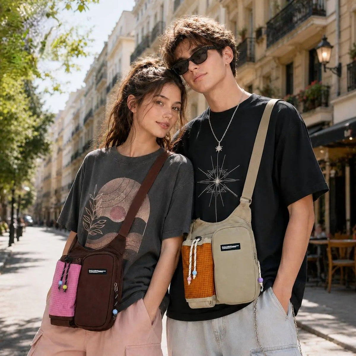 Women's Crossbody Phone Bag, Dopamine Color-Block Drawstring Bucket Bag, Pendant Accent Women's Backpack, Lightweight Casual Bag, Perfect for Commuting, Travel & Cycling..(khaki)