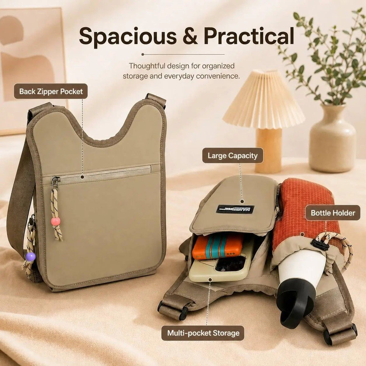 Women's Crossbody Phone Bag, Dopamine Color-Block Drawstring Bucket Bag, Pendant Accent Women's Backpack, Lightweight Casual Bag, Perfect for Commuting, Travel & Cycling.(brown)