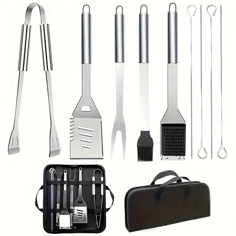 A must-have for outdoor camping BBQ! Stainless steel & silicone grilling tool set with 4-in-1 spatula and portable bag. Durable, easy to clean, perfect gift for family gatherings.