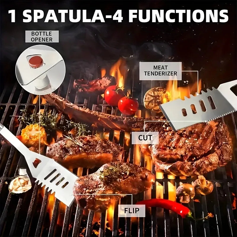 A must-have for outdoor camping BBQ! Stainless steel & silicone grilling tool set with 4-in-1 spatula and portable bag. Durable, easy to clean, perfect gift for family gatherings.