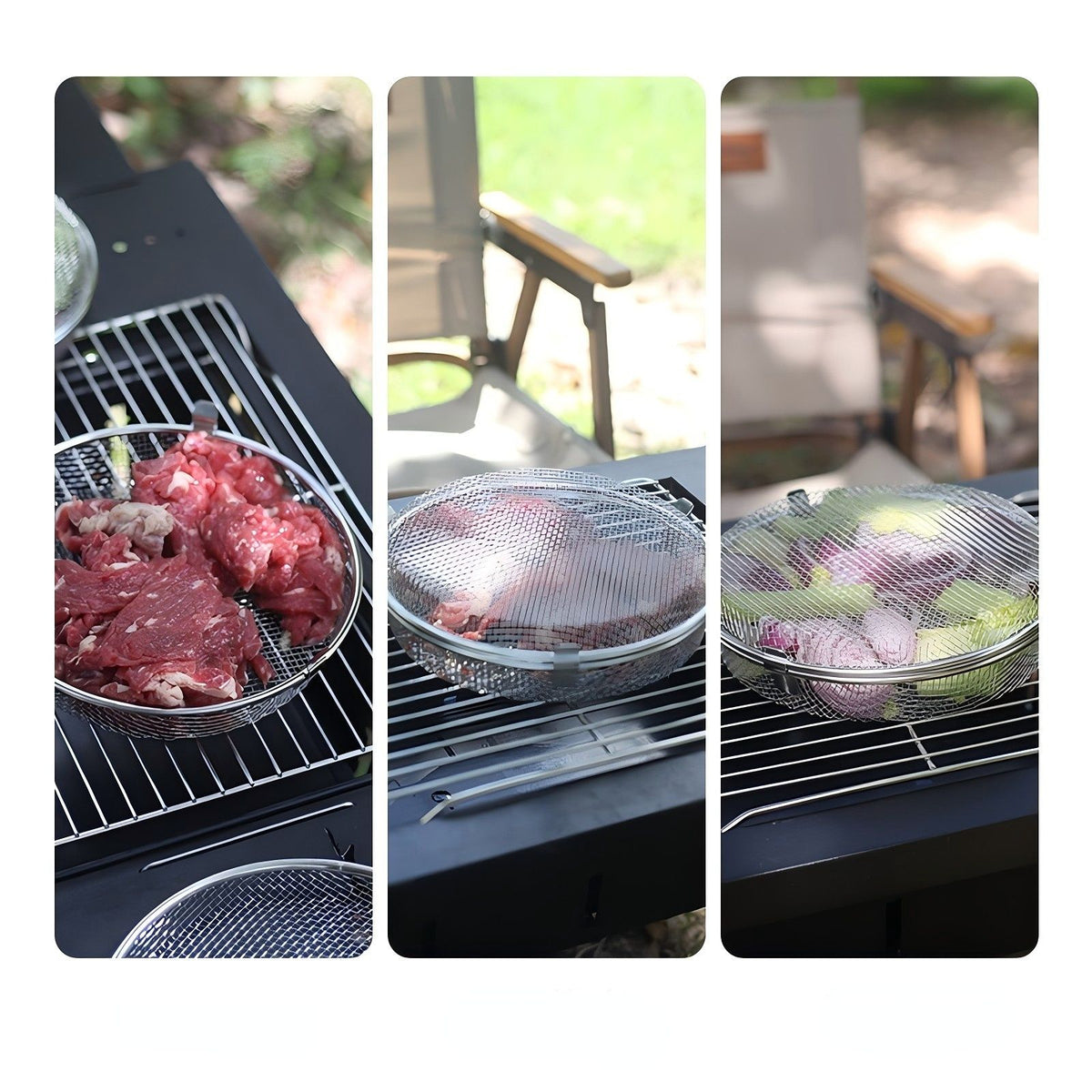 Stainless Steel Round BBQ Basket, Portable Outdoor Grill Grate, Lock-in Freshness, Single/Double-sided Grilling, Camping Picnic BBQ Tool