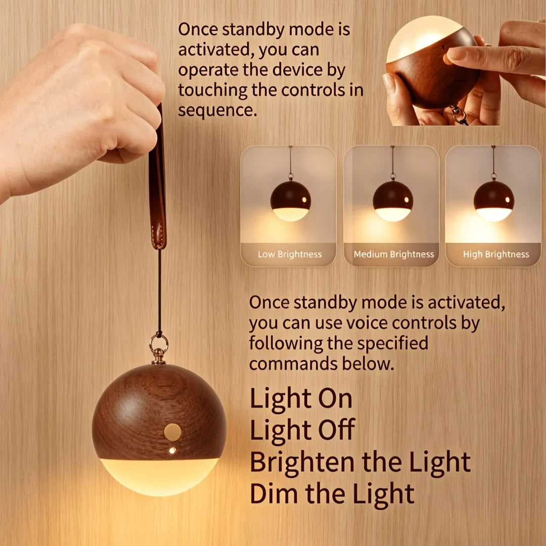 Scandinavian Wood 2-in-1 Voice Control Night Light, Solid Wood Portable Table Lamp Wall Ambient Light, 5m Offline Voice Control, 3-Level Dimming, with USB Cable & Lanyard.(Beech color)