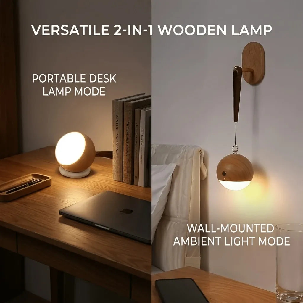Scandinavian Wood 2-in-1 Voice Control Night Light, Solid Wood Portable Table Lamp Wall Ambient Light, 5m Offline Voice Control, 3-Level Dimming, with USB Cable & Lanyard.(Beech color)