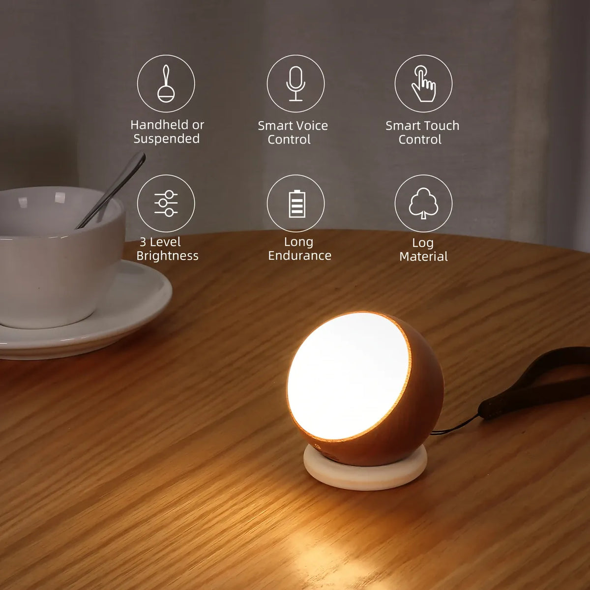 Scandinavian Wood 2-in-1 Voice Control Night Light, Solid Wood Portable Table Lamp Wall Ambient Light, 5m Offline Voice Control, 3-Level Dimming, with USB Cable & Lanyard.(Beech color)
