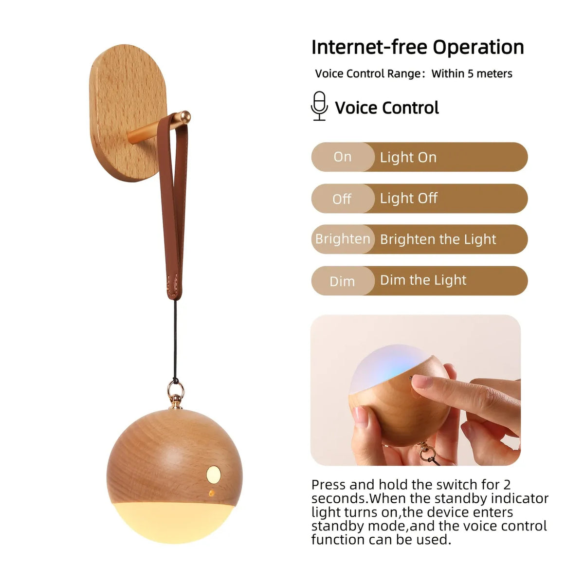 Scandinavian Wood 2-in-1 Voice Control Night Light, Solid Wood Portable Table Lamp Wall Ambient Light, 5m Offline Voice Control, 3-Level Dimming, with USB Cable & Lanyard.(Beech color)