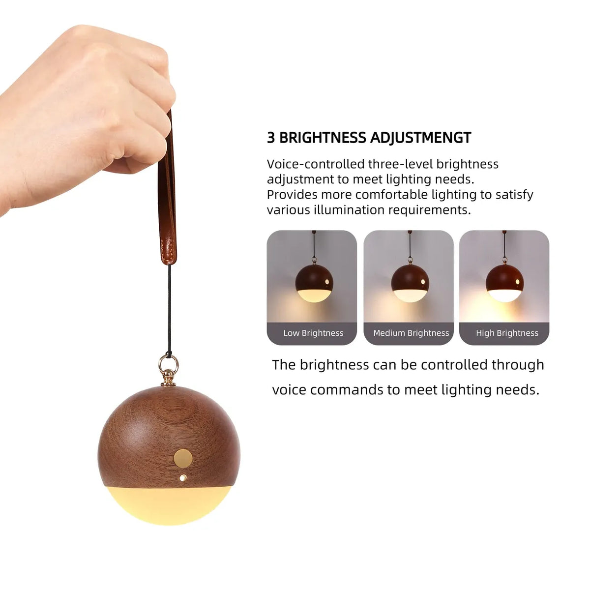 Scandinavian Wood 2-in-1 Voice Control Night Light, Solid Wood Portable Table Lamp Wall Ambient Light, 5m Offline Voice Control, 3-Level Dimming, with USB Cable & Lanyard.(Beech color)