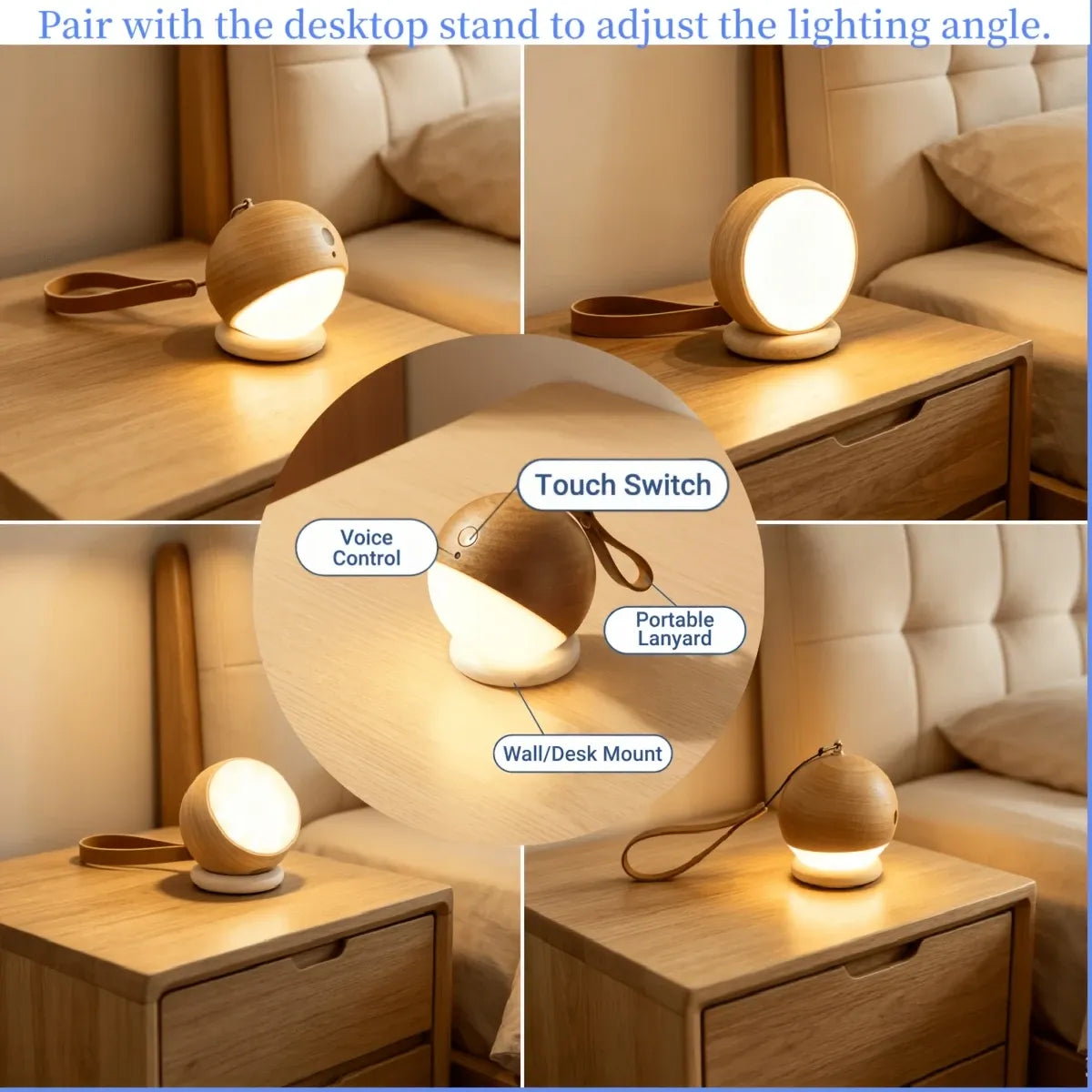Scandinavian Wood 2-in-1 Voice Control Night Light, Solid Wood Portable Table Lamp Wall Ambient Light, 5m Offline Voice Control, 3-Level Dimming, with USB Cable & Lanyard.(Beech color)