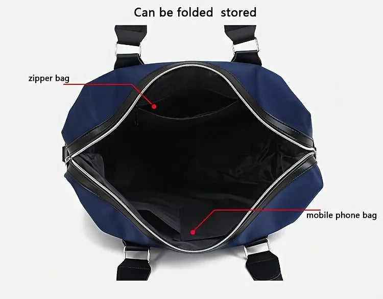 Dark Blue Foldable Travel Bag, Nylon Large Capacity Tote & Crossbody, Multi-Pocket Business Short Trip Gym Duffel.(BLACK:L)