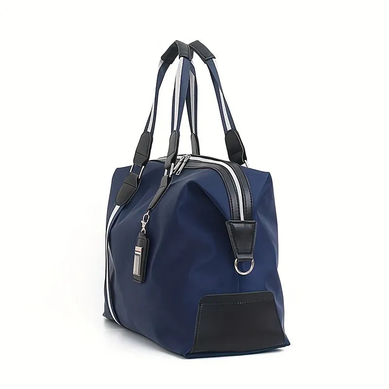Dark Blue Foldable Travel Bag, Nylon Large Capacity Tote & Crossbody, Multi-Pocket Business Short Trip Gym Duffel.(BLACK:L)