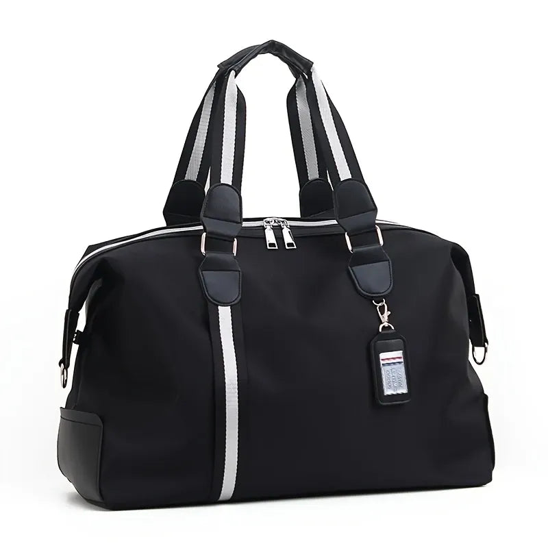Dark Blue Foldable Travel Bag, Nylon Large Capacity Tote & Crossbody, Multi-Pocket Business Short Trip Gym Duffel.(BLACK:L)