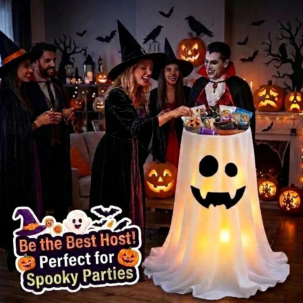 120cm Light-Up Ghost Candy Bowl – Halloween Party Must-Have, Large Capacity Trick-or-Treat Station, USB/Battery Powered, Indoor & Outdoor Use(X-eyed smiling ghost)