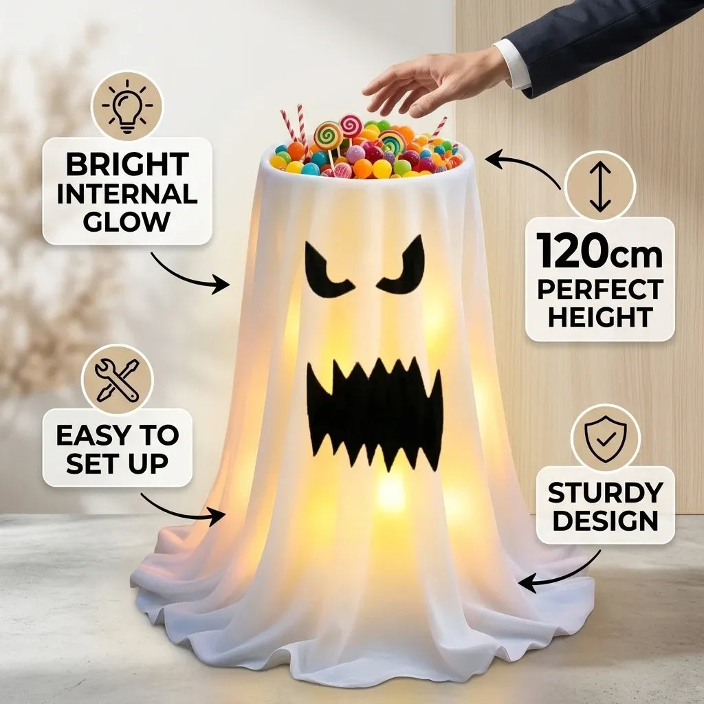 120cm Light-Up Ghost Candy Bowl – Halloween Party Must-Have, Large Capacity Trick-or-Treat Station, USB/Battery Powered, Indoor & Outdoor Use(X-eyed smiling ghost)