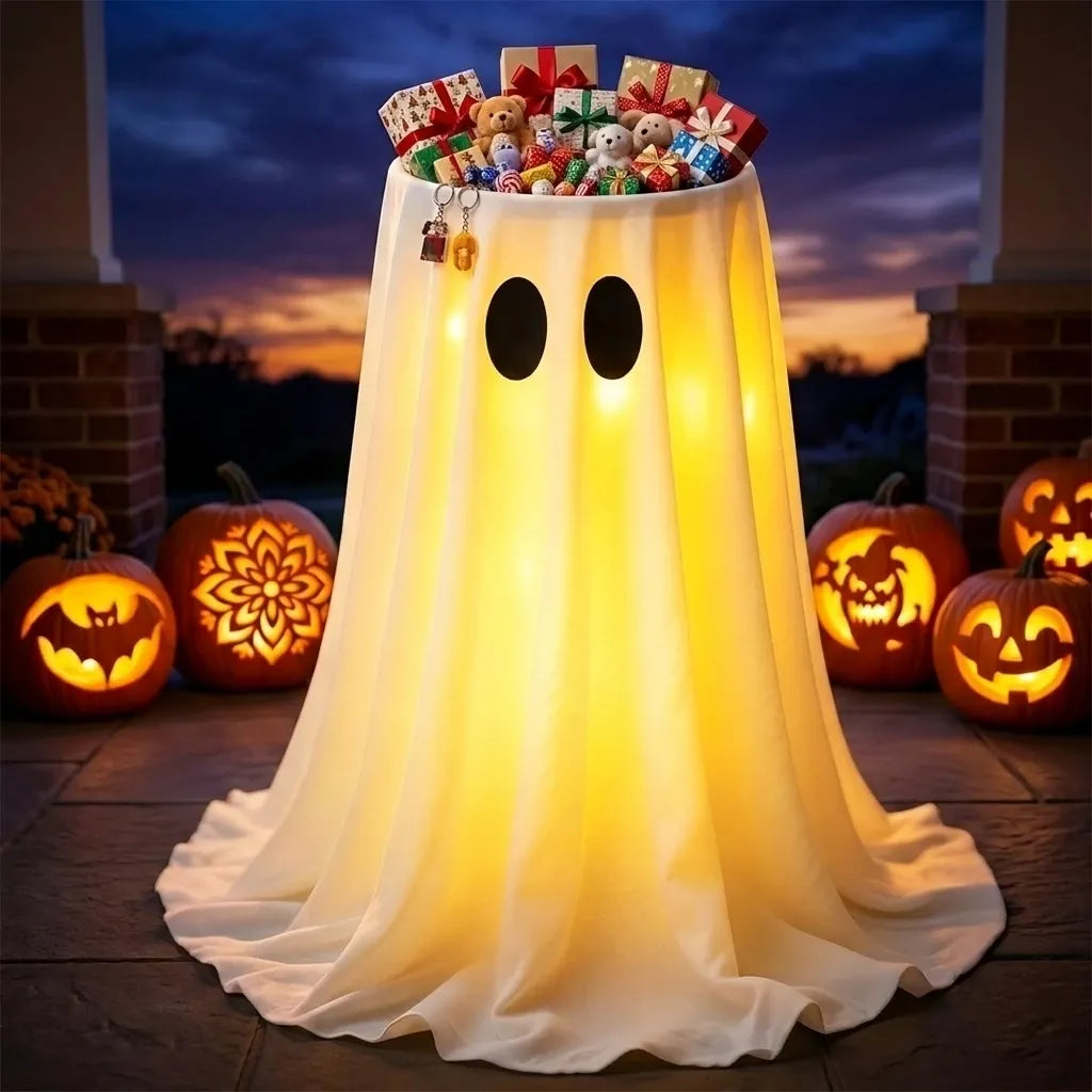 120cm Light-Up Ghost Candy Bowl – Halloween Party Must-Have, Large Capacity Trick-or-Treat Station, USB/Battery Powered, Indoor & Outdoor Use(X-eyed smiling ghost)
