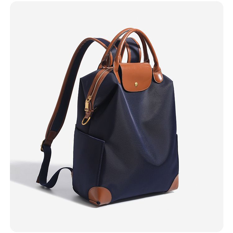 Retro Nylon Backpack: PU Leather Color-Block / Packable & Lightweight / 14-inch Laptop Compartment / Under 20L Capacity, 3-Way Carrying, Versatile for Commuting & Short Trips!(champagne)