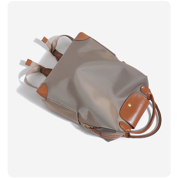 Retro Nylon Backpack: PU Leather Color-Block / Packable & Lightweight / 14-inch Laptop Compartment / Under 20L Capacity, 3-Way Carrying, Versatile for Commuting & Short Trips!(champagne)