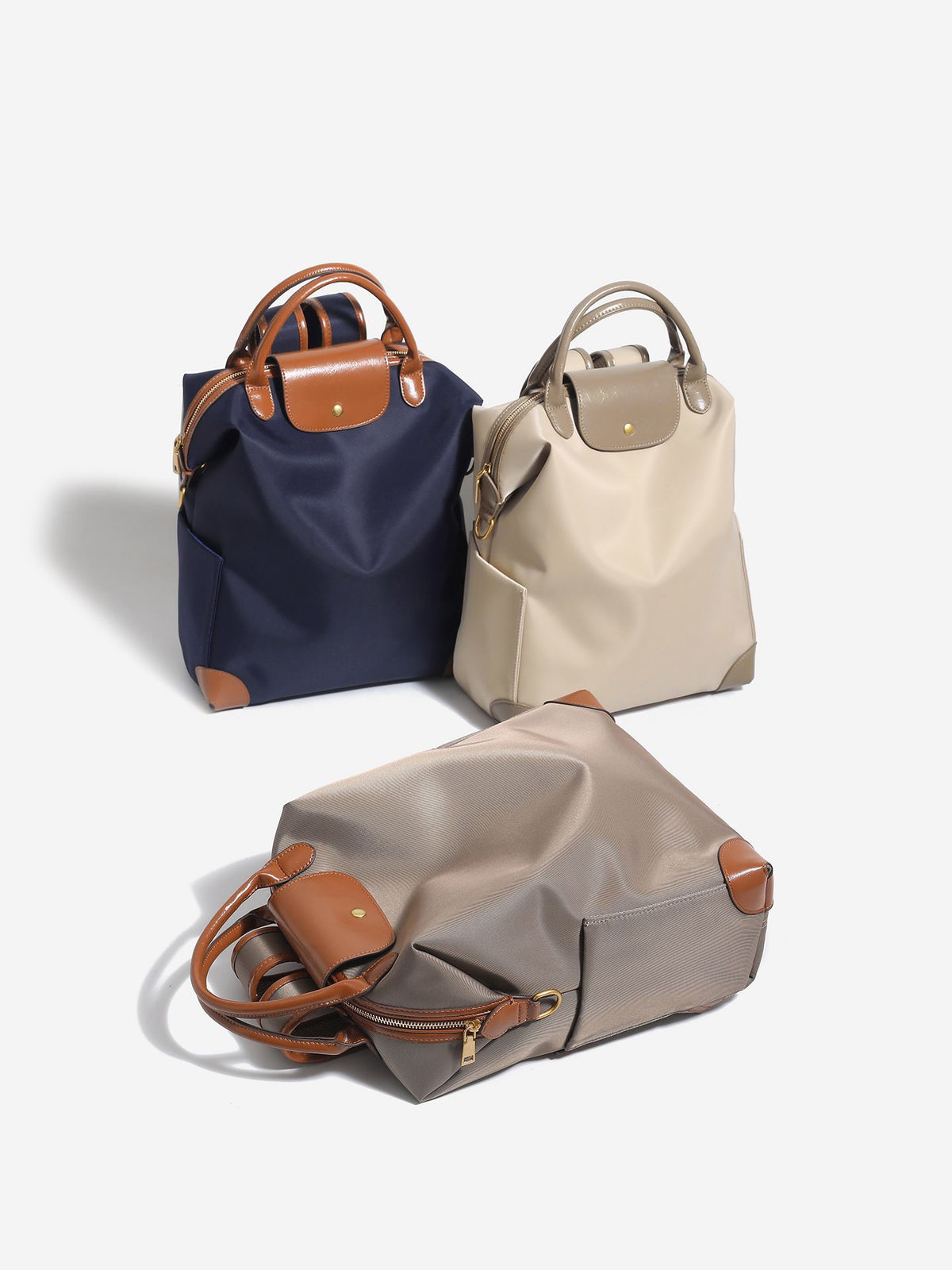 Retro Nylon Backpack: PU Leather Color-Block / Packable & Lightweight / 14-inch Laptop Compartment / Under 20L Capacity, 3-Way Carrying, Versatile for Commuting & Short Trips!(champagne)
