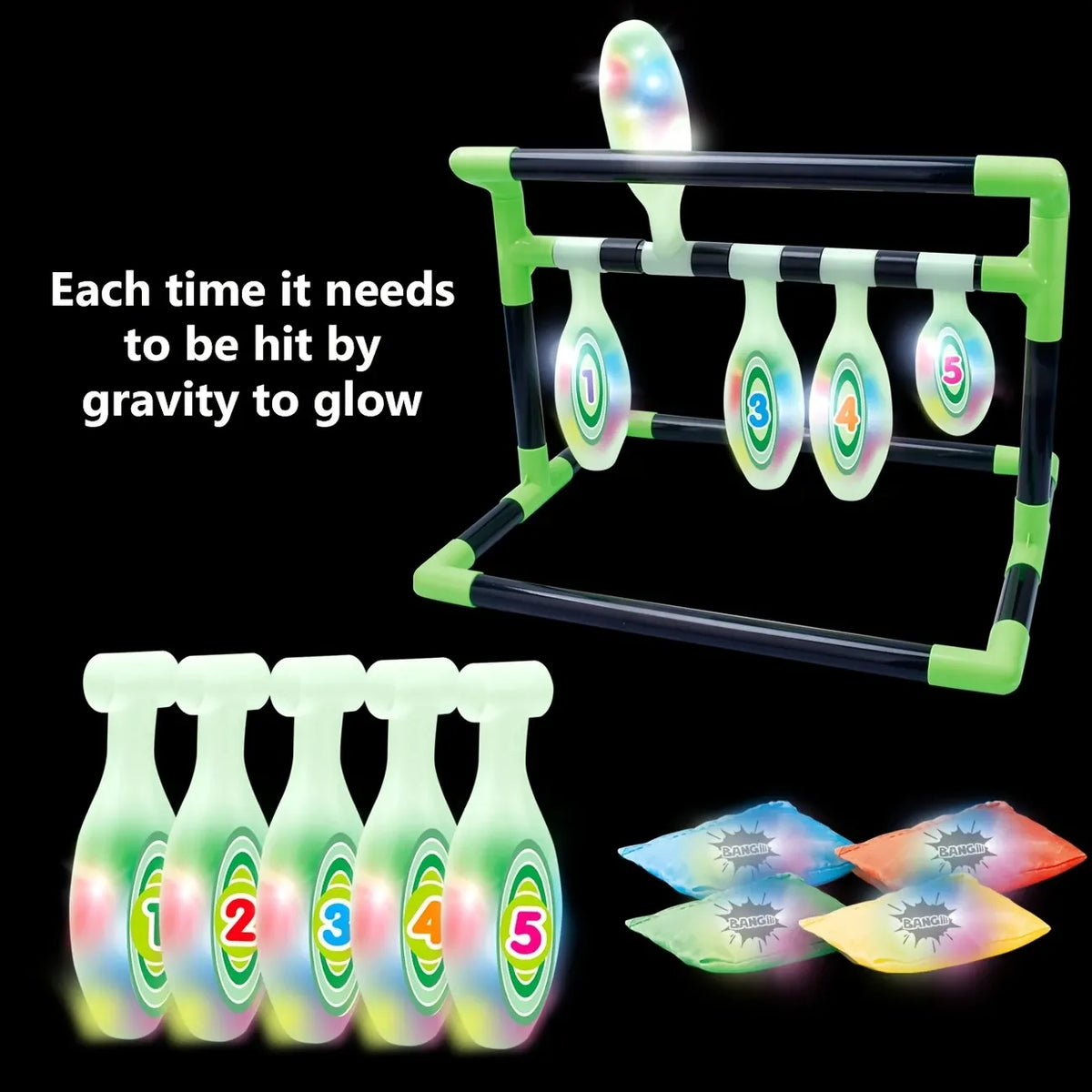 Light-Up Kids Throwing Bowling Toy, ABS Gravity Activated LED, Numbered Targets with 4 Sandbags, Indoor Outdoor Parent-Child Game, Hand-Eye Coordination Training, Holiday Birthday Gift
