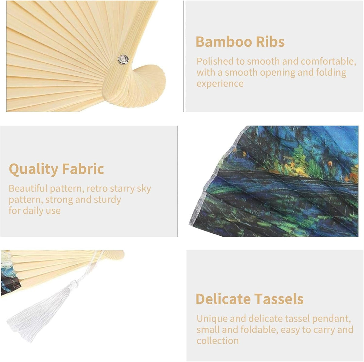 Foldable Hand Fan, 2PCS Held Silk Folding Fan Chinese Handheld with Frames Decorative Starry Night Pattern for Dancing Cosplay Wedding Party Props Decoration