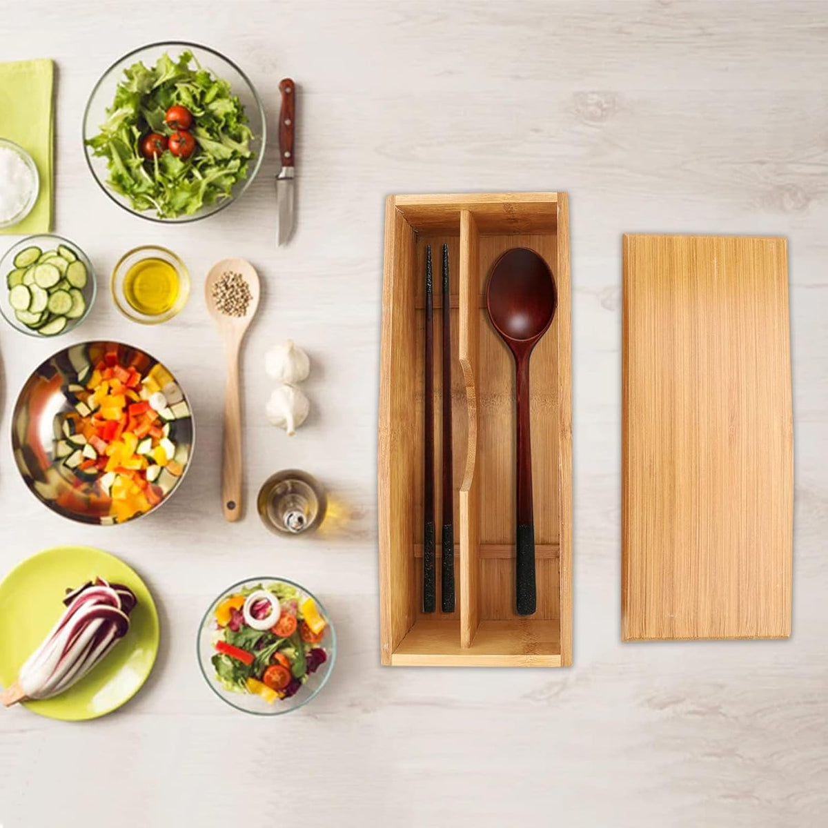 Wooden Cutlery Box with Lid, Small Drawer Organizer Kitchen, in for Spoon Utensil Chopsticks Kitchen Countertop, 10.6x4.3x2.5inch