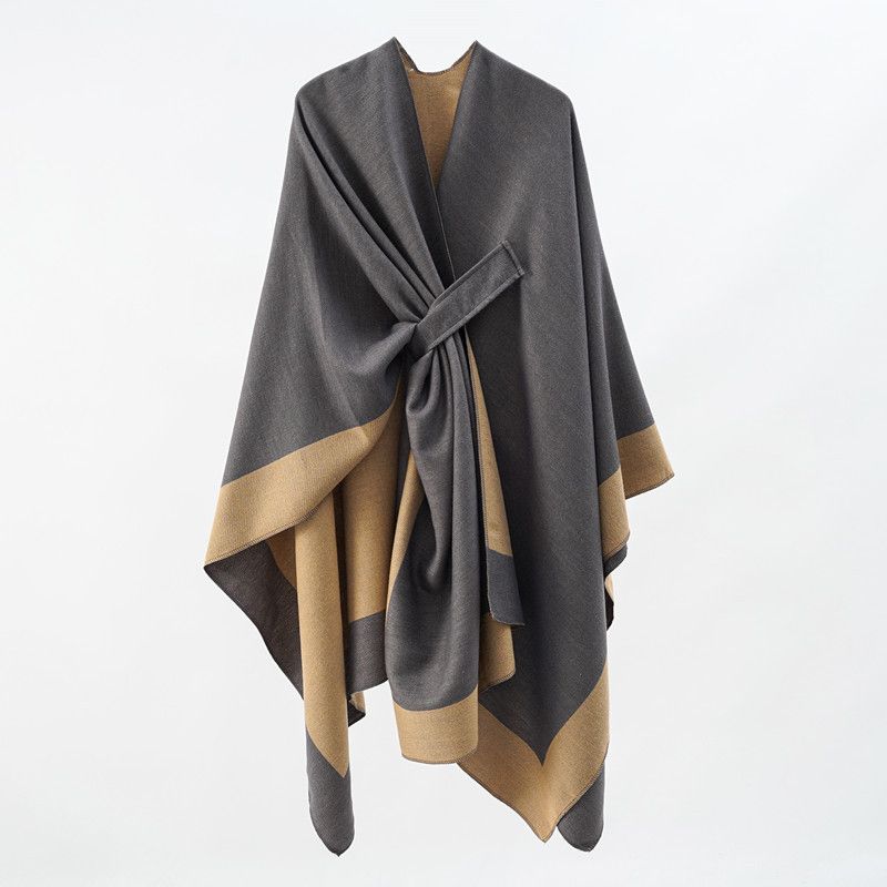 Solid Color Striped-Border Faux Cashmere Shawl Scarf, Minimalist Versatile Autumn Winter Warmth Elegant Accessory.(GREY)