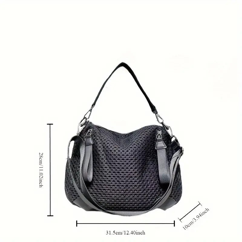 Women's fashionable mesh-paneled crossbody bag, large-capacity lightweight mesh travel vacation sports bag.