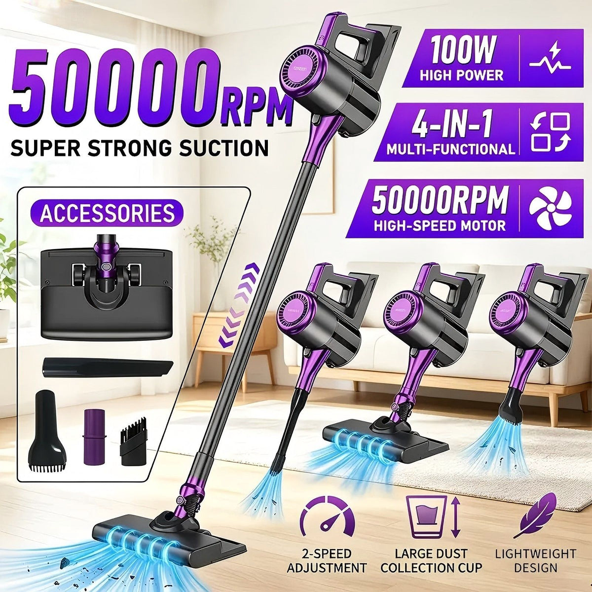 4-in-1 cordless vacuum cleaner, 50000RPM motor, 10000Pa suction, 180° rotating brush head, dual speed settings, lightweight and convenient./golden