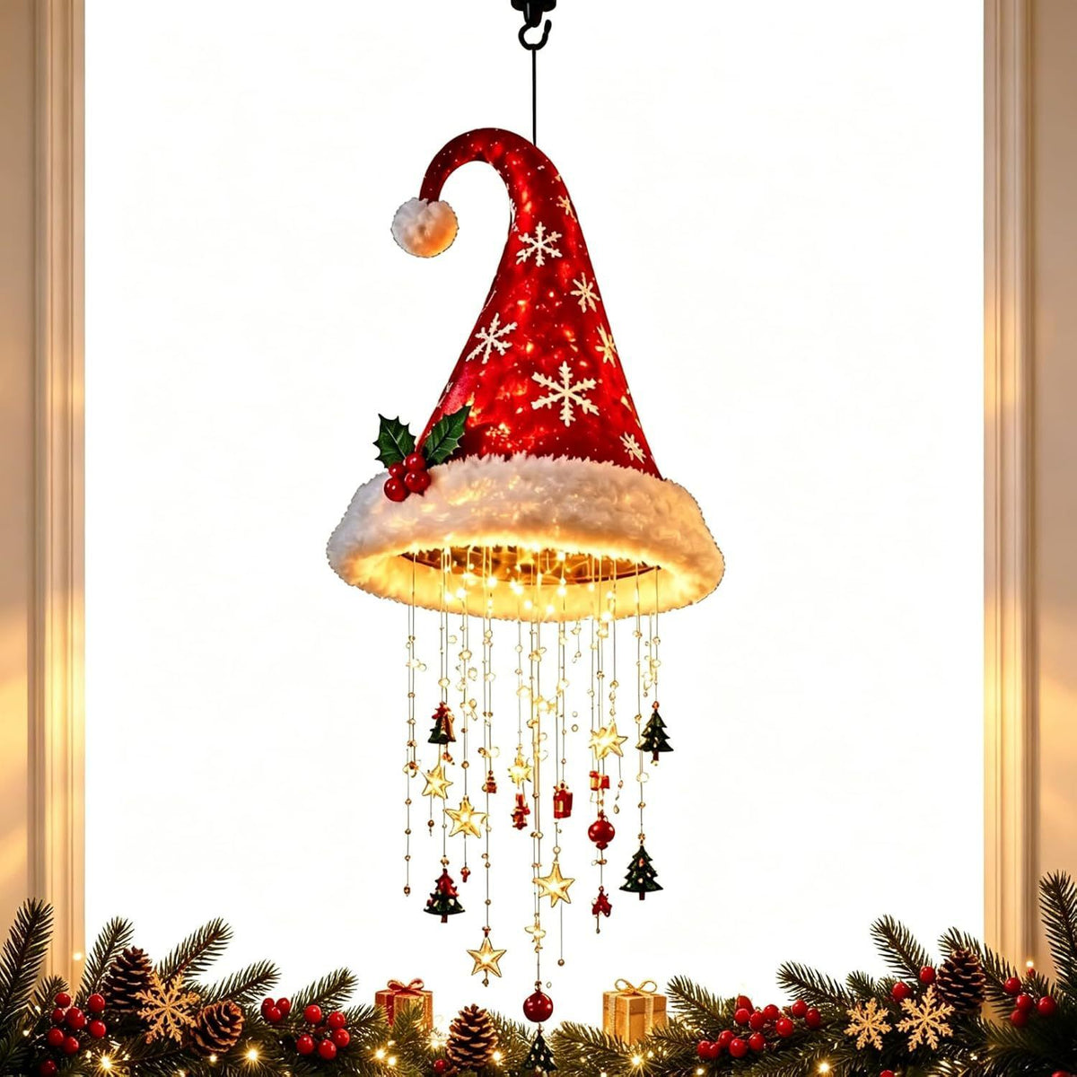 Christmas Hat LED Hanging Light with warm cascading lights & star/snowflake ornaments, powered by 2 AA batteries (not included, please prepare your own), includes hanging string, maximum Christmas vibes!（Snowflake style）