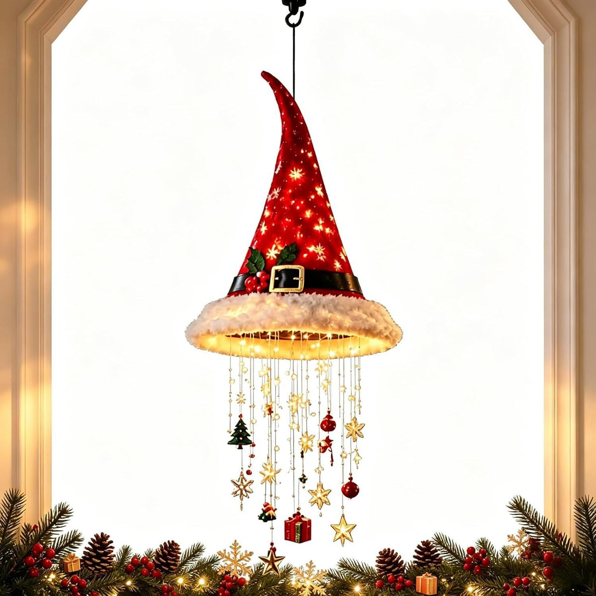 Christmas Hat LED Hanging Light with warm cascading lights & star/snowflake ornaments, powered by 2 AA batteries (not included, please prepare your own), includes hanging string, maximum Christmas vibes!（Star flash belt model）