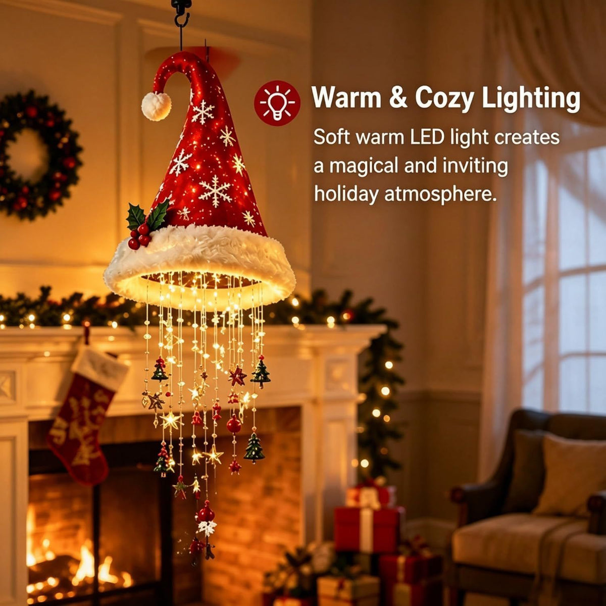 Christmas Hat LED Hanging Light with warm cascading lights & star/snowflake ornaments, powered by 2 AA batteries (not included, please prepare your own), includes hanging string, maximum Christmas vibes!（Star flash belt model）