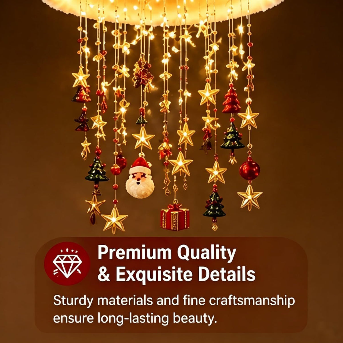 Christmas Hat LED Hanging Light with warm cascading lights & star/snowflake ornaments, powered by 2 AA batteries (not included, please prepare your own), includes hanging string, maximum Christmas vibes!（Star flash belt model）