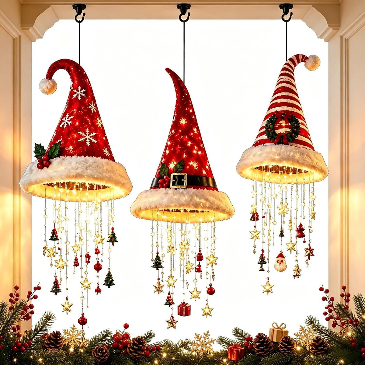 Christmas Hat LED Hanging Light with warm cascading lights & star/snowflake ornaments, powered by 2 AA batteries (not included, please prepare your own), includes hanging string, maximum Christmas vibes!（Star flash belt model）