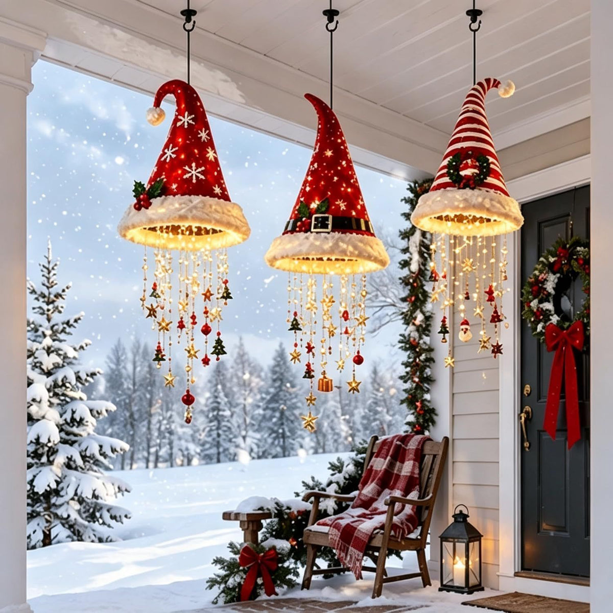 Christmas Hat LED Hanging Light with warm cascading lights & star/snowflake ornaments, powered by 2 AA batteries (not included, please prepare your own), includes hanging string, maximum Christmas vibes!（Star flash belt model）