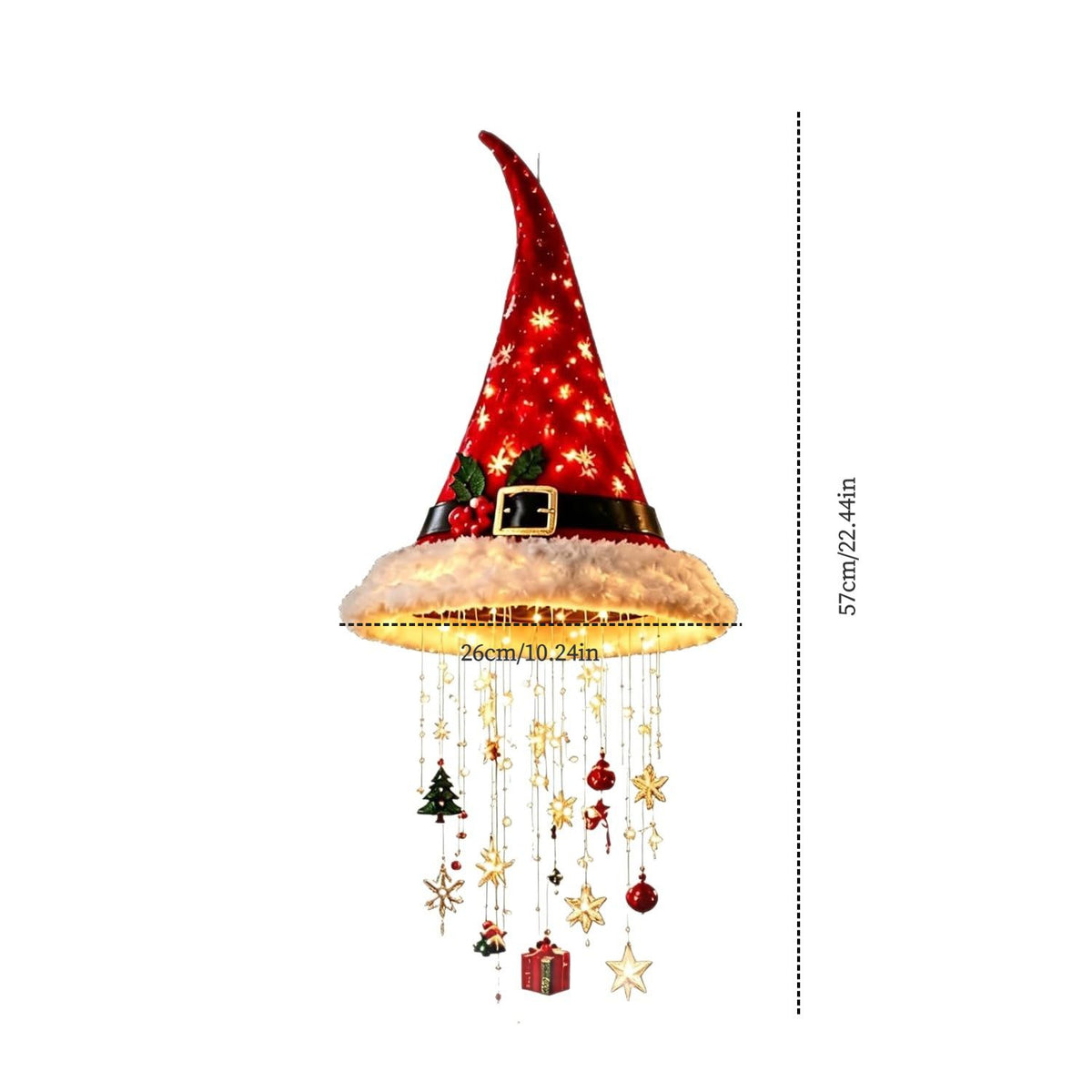 Christmas Hat LED Hanging Light with warm cascading lights & star/snowflake ornaments, powered by 2 AA batteries (not included, please prepare your own), includes hanging string, maximum Christmas vibes!（Star flash belt model）