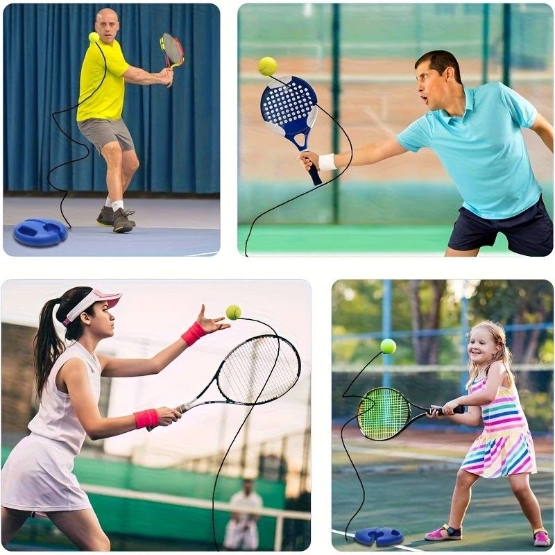 Portable Tennis Trainer: Features a water-fillable weighted base with anti-tangle design. Includes 3 tennis balls and an elastic cord. Suitable for solo indoor/outdoor use, ideal for all ages.blue