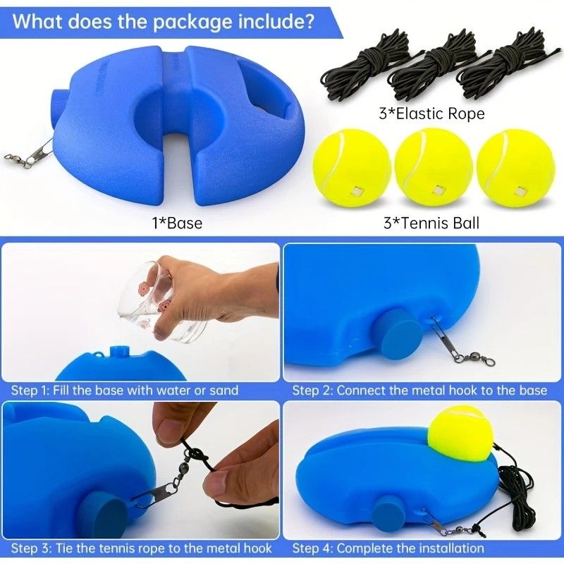 Portable Tennis Trainer: Features a water-fillable weighted base with anti-tangle design. Includes 3 tennis balls and an elastic cord. Suitable for solo indoor/outdoor use, ideal for all ages.blue