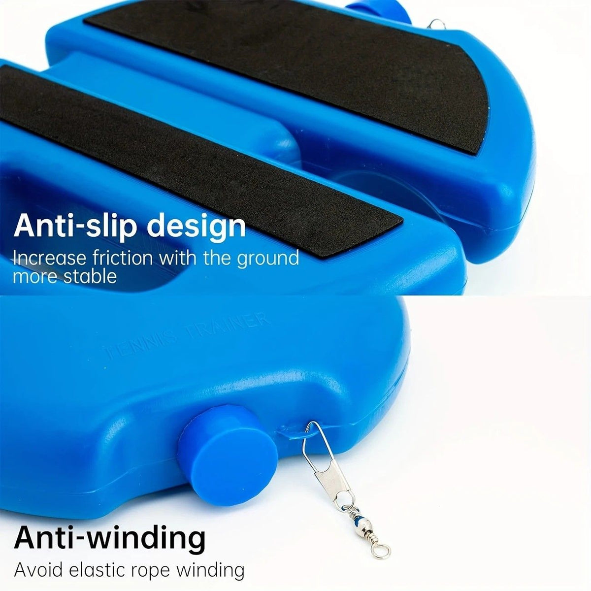 Portable Tennis Trainer: Features a water-fillable weighted base with anti-tangle design. Includes 3 tennis balls and an elastic cord. Suitable for solo indoor/outdoor use, ideal for all ages.blue