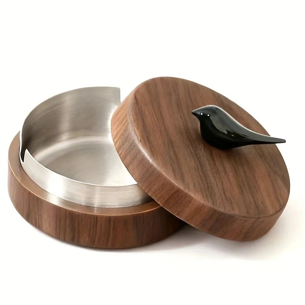 1 Light-Luxury Fashion Desktop Ashtray | Creative High-End Living Room Home Decor, Personalized Car Ashtray with Lid, Retro Aesthetic, the Perfect Gift for Homeowners.Blackbird silver liner