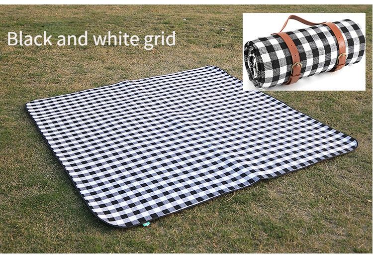 Outdoor Picnic Mat – 3-Layer Thickened Waterproof Camping Rug, Acrylic Sponge TPU, Portable Ground Sheet for Camping & Picnic.(150x200cm, Blue & White Stripes with Leather Straps）