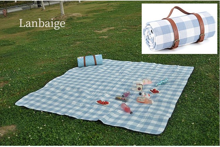 Outdoor Picnic Mat – 3-Layer Thickened Waterproof Camping Rug, Acrylic Sponge TPU, Portable Ground Sheet for Camping & Picnic.(150x200cm, Blue & White Stripes with Leather Straps）