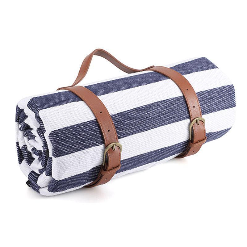 Outdoor Picnic Mat – 3-Layer Thickened Waterproof Camping Rug, Acrylic Sponge TPU, Portable Ground Sheet for Camping & Picnic.(150x200cm, Blue & White Stripes with Leather Straps）