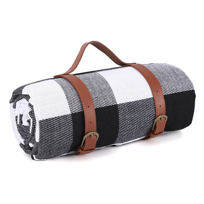 Outdoor Picnic Mat – 3-Layer Thickened Waterproof Camping Rug, Acrylic Sponge TPU, Portable Ground Sheet for Camping & Picnic.(150x200cm, Blue & White Stripes with Leather Straps）