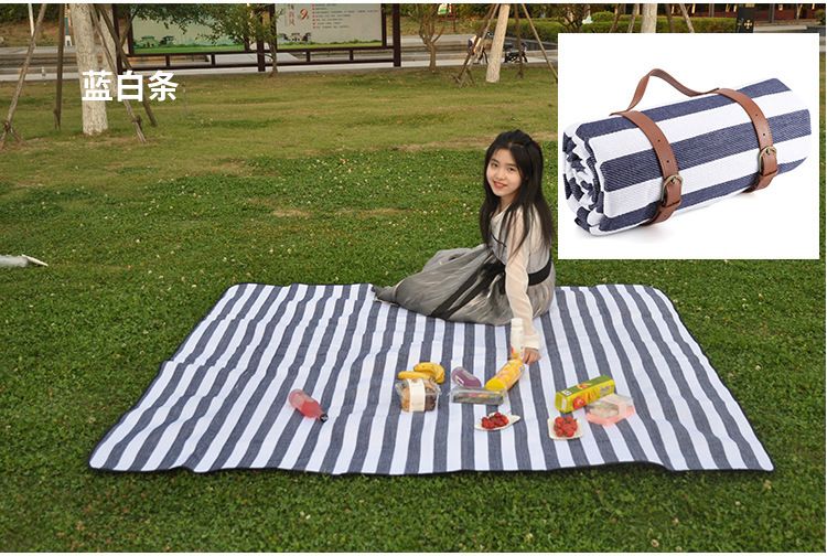 Outdoor Picnic Mat – 3-Layer Thickened Waterproof Camping Rug, Acrylic Sponge TPU, Portable Ground Sheet for Camping & Picnic.(200*200cm.[Leather strap] Blue and white stripes)