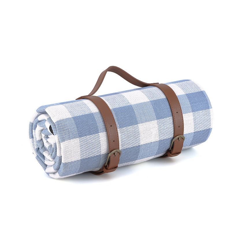 Outdoor Picnic Mat – 3-Layer Thickened Waterproof Camping Rug, Acrylic Sponge TPU, Portable Ground Sheet for Camping & Picnic.(200*200cm.[Leather strap] Blue and white stripes)