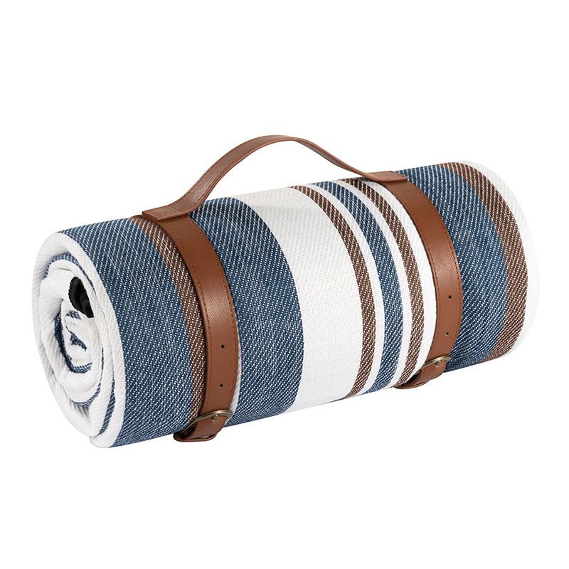 Outdoor Picnic Mat – 3-Layer Thickened Waterproof Camping Rug, Acrylic Sponge TPU, Portable Ground Sheet for Camping & Picnic.(200*200cm.[Leather strap] Blue and white stripes)
