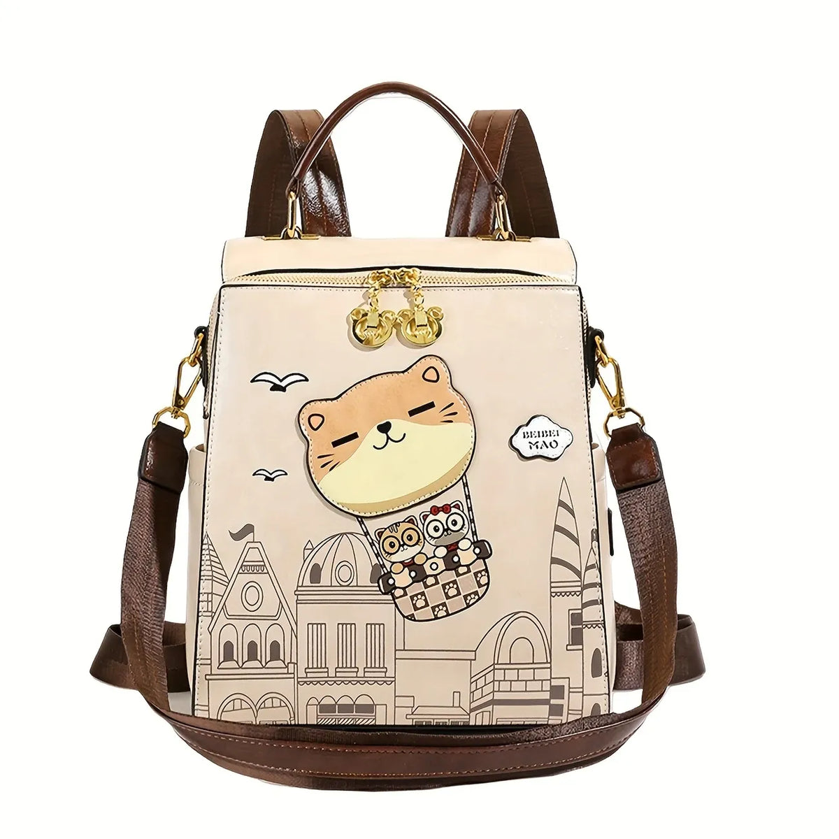 Vintage College Style Cartoon Cat Castle Backpack Large Capacity Commuter Bag Japanese Artsy Hand Drawn Seagull Casual Daypack(beige)