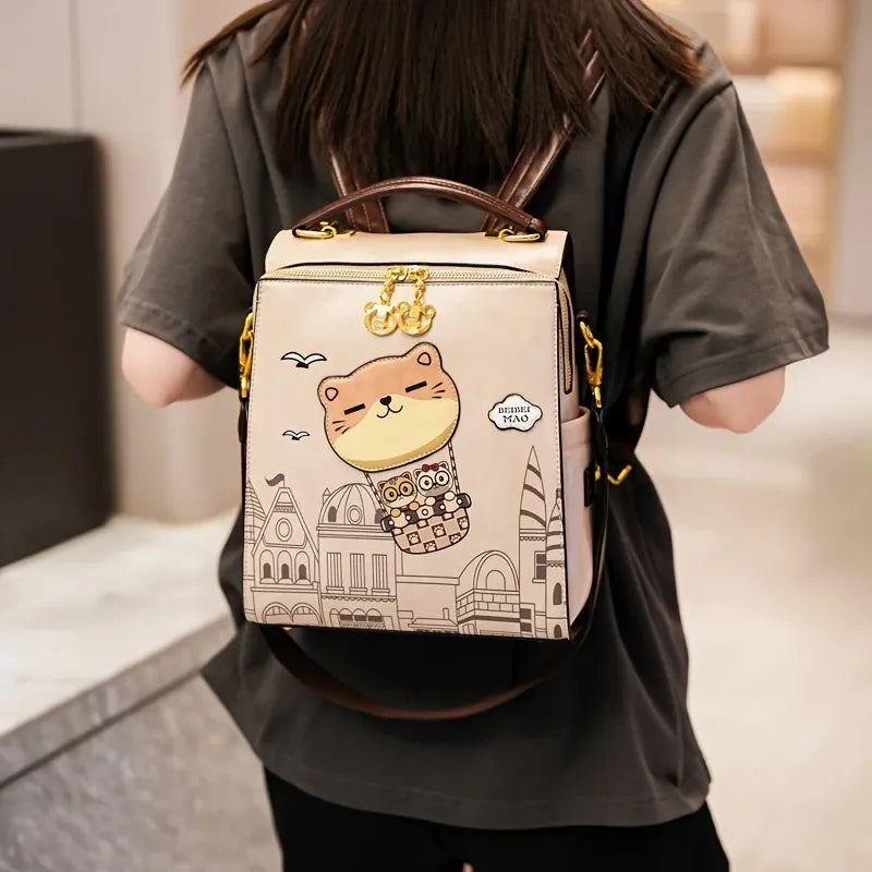 Vintage College Style Cartoon Cat Castle Backpack Large Capacity Commuter Bag Japanese Artsy Hand Drawn Seagull Casual Daypack(beige)