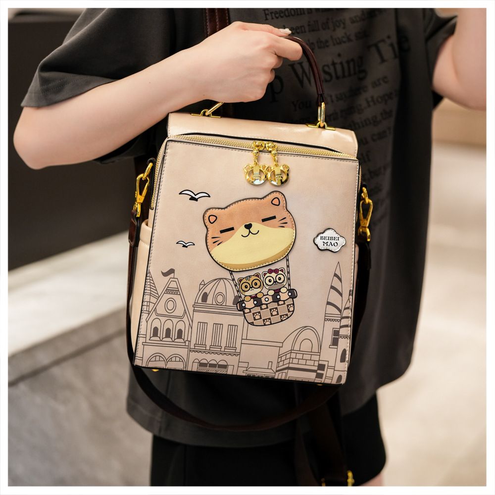 Vintage College Style Cartoon Cat Castle Backpack Large Capacity Commuter Bag Japanese Artsy Hand Drawn Seagull Casual Daypack(beige)