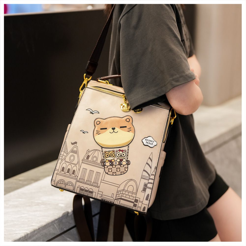 Vintage College Style Cartoon Cat Castle Backpack Large Capacity Commuter Bag Japanese Artsy Hand Drawn Seagull Casual Daypack(beige)