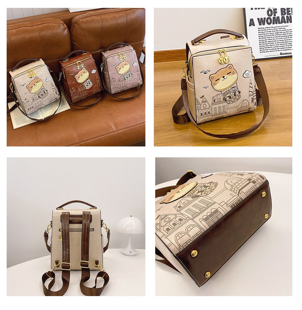 Vintage College Style Cartoon Cat Castle Backpack Large Capacity Commuter Bag Japanese Artsy Hand Drawn Seagull Casual Daypack(beige)