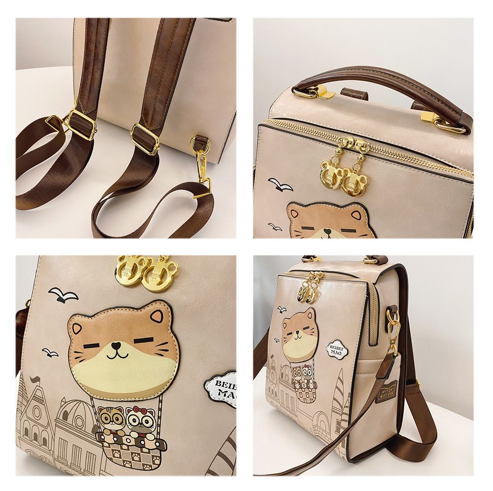 Vintage College Style Cartoon Cat Castle Backpack Large Capacity Commuter Bag Japanese Artsy Hand Drawn Seagull Casual Daypack(beige)